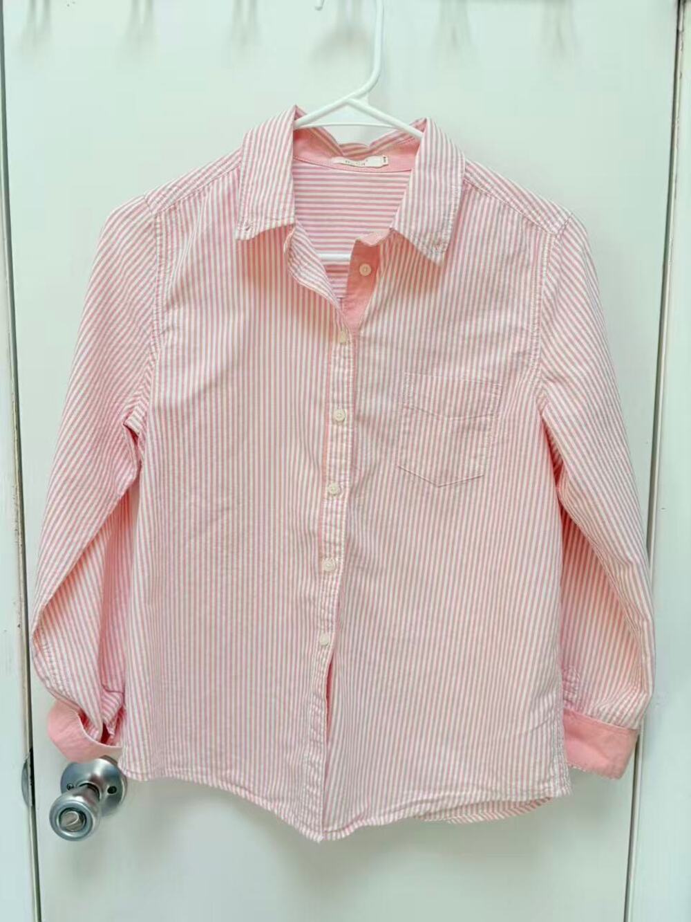 Women Pink White Striped Long Sleeve Button Down Shirt Classic Prep Blouse Small